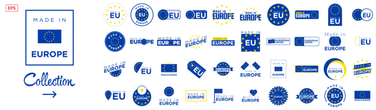 Collection of badge logotype "Made in Europe - EU" with ribbon, flag on white background, For art template design, page, mockup brochure style, banner, idea, cover, booklet, print, flyer, book, card
