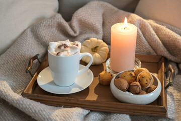 Cozy relaxation at home in autumn or winter time, chocolate hot drink and melting marshmallows, muffins and a candle on the couch, copy space, selected focus