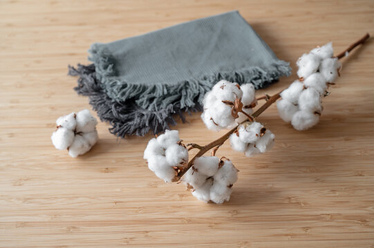 Fabrics made from sustainably and fairly grown cotton, two cloths and a twig on a wooden table, copy space, selected focus