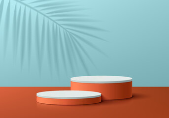 Abstract 3D blue background with realistic orange cylinder pedestal podium set, Palm leaf shadow overlay. Minimal wall scene for mockup product display. Geometric forms design. Summer stage showcase.
