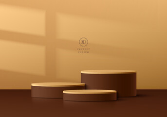 Abstract 3D room background with realistic brown, golden cylinder pedestal podium set, window shadow overlay. Minimal wall scene mockup product display. Vintage geometric forms. Luxury stage showcase.