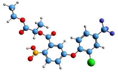  3D image of Lactofen skeletal formula - molecular chemical structure of selective herbicide isolated on white background
