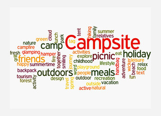 Word Cloud with CAMPSITE concept, isolated on a white background