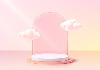 Abstract 3D background with realistic pink, yellow cylinder podium. bubbles cloud flying on arch backdrop. Pastel minimal scene mockup product display. Vector geometric forms. Round stage showcase.