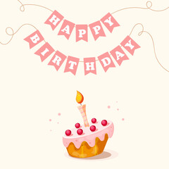Happy Birthday Greeting Card. Postcard with cake and candle for birthday wishes. Vector illustration	
