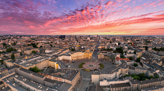 Lodz city during sunset aerial view - Poland