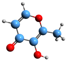 Obraz premium 3D image of Maltol skeletal formula - molecular chemical structure of flavor enhancer Larixinic acid isolated on white background