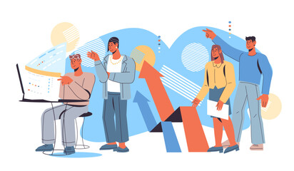 Business team developing marketing strategy and conducting market research and analytics, flat cartoon vector illustration isolated. Business Intelligence and data processing, financial analytics.