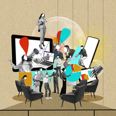 Contemporary art collage. Conceptual design. Group of employees working together, creating business...