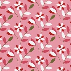 Flowers and leaves vector seamless pattern, doodling, simple, flat style, spring, Christmas, winter, fresh, floral, red, pink, for print, textile, wallpaper, wrapping paper, branding, packaging 