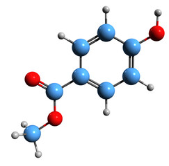 Obraz premium 3D image of Methylparaben skeletal formula - molecular chemical structure of Methyl 4-hydroxybenzoate isolated on white background 