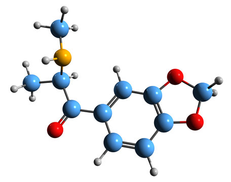  3D image of Methylone skeletal formula - molecular chemical structure of  empathogen MDMC isolated on white background

