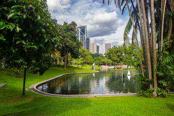 KLCC Park in the business center of Kuala Lumpur City, Malaysia. Public space is a place to rest as well as a tourist destination.