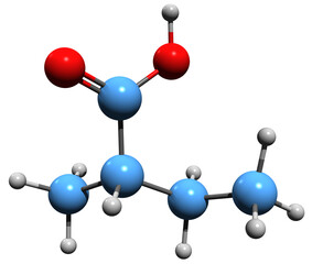  3D image of methyl-ethyl-acetic acid skeletal formula - molecular chemical structure of organic compound isolated on white background
