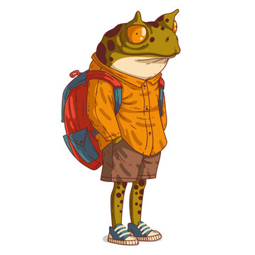 An Frog Person, isolated vector illustration. Cartoon picture of a casually dressed toad wearing a backpack. Drawn animal sticker. An anthropomorphic frog on white background. An animal character.