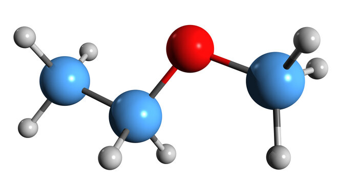  3D image of Methoxyethane skeletal formula - molecular chemical structure of ethyl methyl ether isolated on white background
