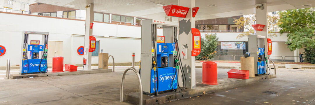 Pumps of a French Esso Express gas statione in Issy-les-Moulineaux, France