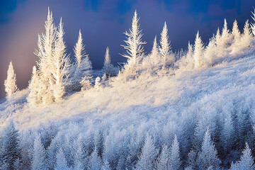 Fototapeta na wymiar Vivid white spruces on a frosty day