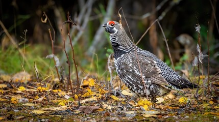 Male spruce grouse (Canachites canadensis) moving and looking at the camera