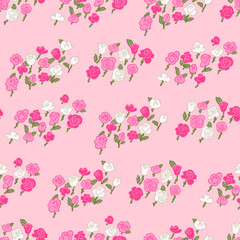 Spring flowers print. Vector seamless floral pattern. Floral design for fashion prints. Endless print made of small pastel color flowers. Elegant template. Pale rose pink background. Stock vector.