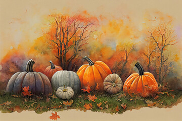 Naklejka premium Happy Thanksgiving text with pumpkins and leaves. Watercolor background