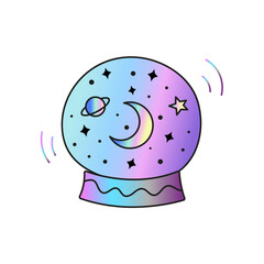 Magic witchy shiny cartoon crystal Ball with planet, crescent moon and stars vector illustration isolated on white background. Mystical Symbol, Fortune Teller