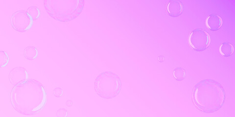 Transparent soap balls with glares, highlights and rainbow reflection on purple background with coy space. Realistic 3d rendering.