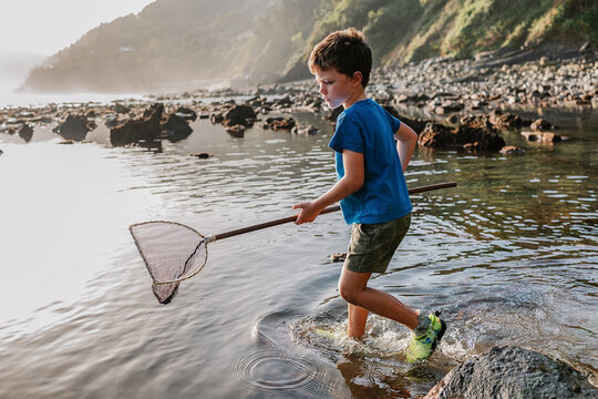 Boy with fish scoop on rocky shore