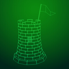 Castle knight tower. Medieval ancient fortress with banner flag