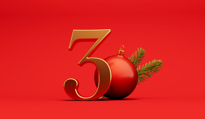 The 12 days of christmas. 3rd day festive background gold lettering with bauble. 3D Rendering