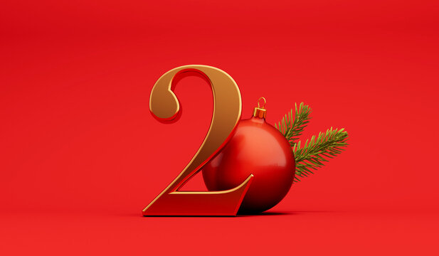 The 12 days of christmas. 2nd day festive background gold lettering with bauble. 3D Rendering