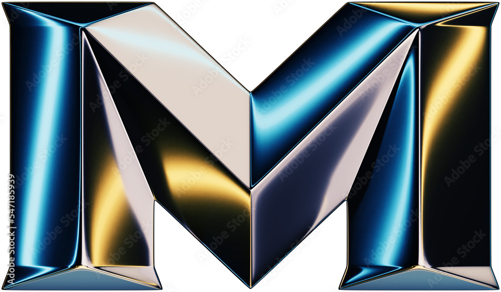 Fototapete 3d rendering of glossy chrome letter m with shining lights effect