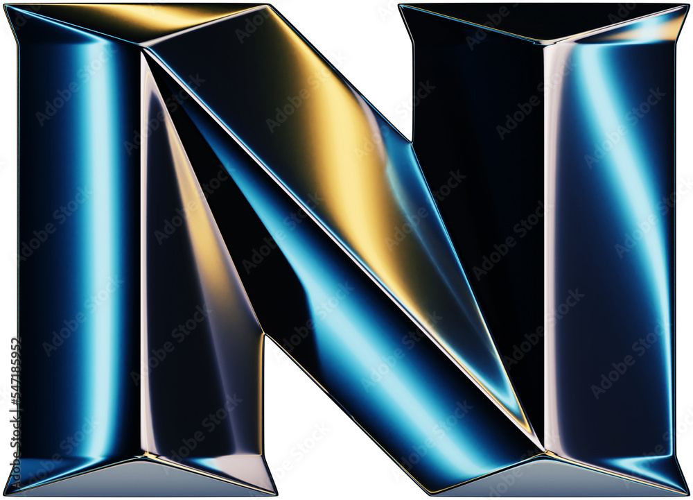Fototapete 3d rendering of glossy chrome letter n with shining lights effect