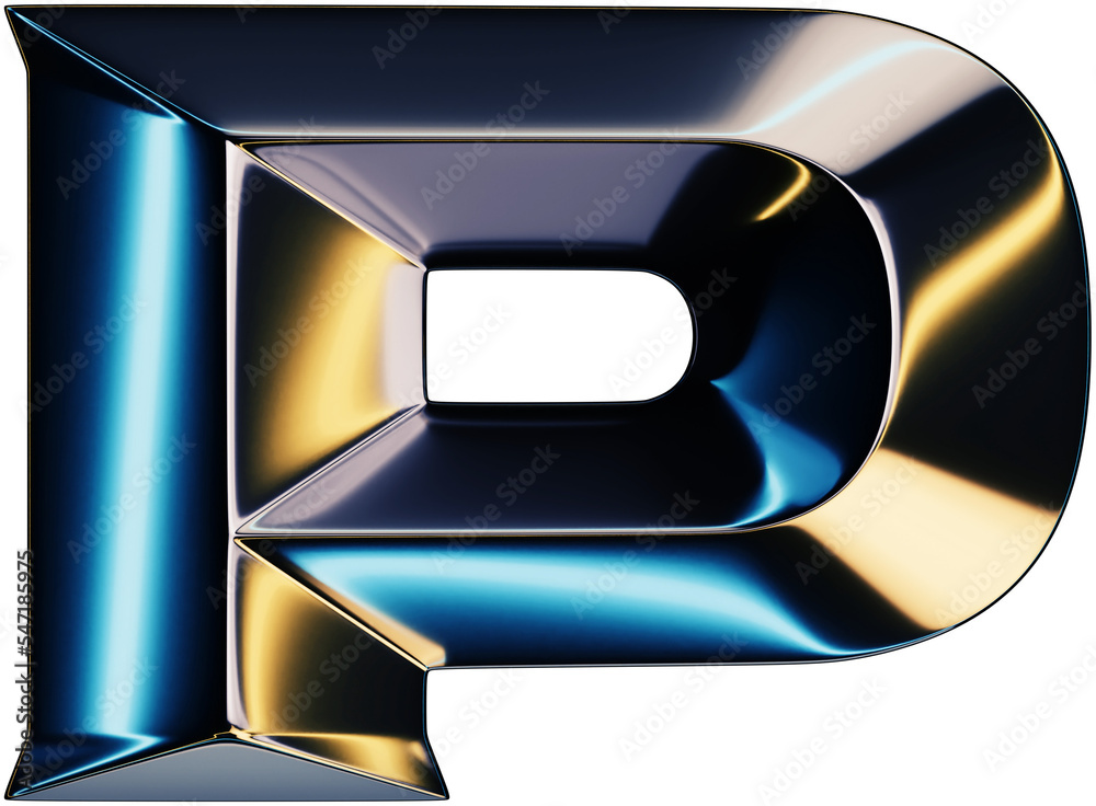 Fototapete 3d rendering of glossy chrome letter p with shining lights effect