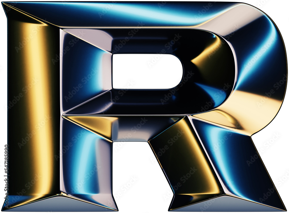 Fototapete 3d rendering of glossy chrome letter r with shining lights effect