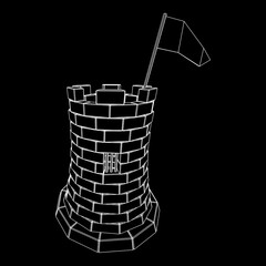 Castle knight tower. Medieval ancient fortress with banner flag