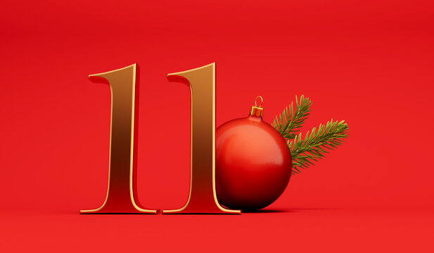 The 12 days of christmas. 11th day festive background gold lettering with bauble. 3D Rendering