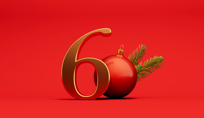 The 12 days of christmas. 6th day festive background gold lettering with bauble. 3D Rendering - obrazy, fototapety, plakaty