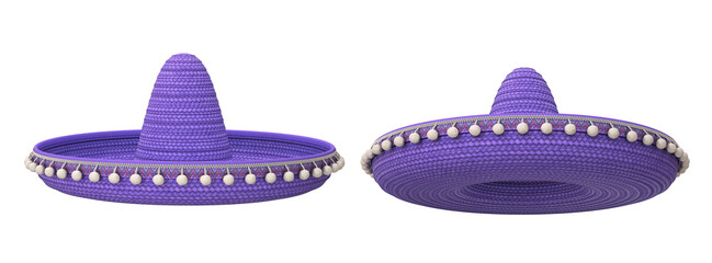 Set of two hats purple sombrero on a white background, 3d render