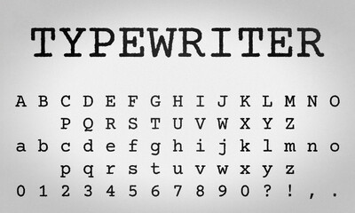 Vintage typewriter font, textured uppercase lowercase alphabet, type effect abc