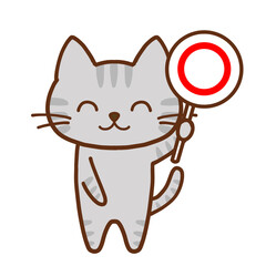 丸を掲げて微笑むグレーのトラ猫