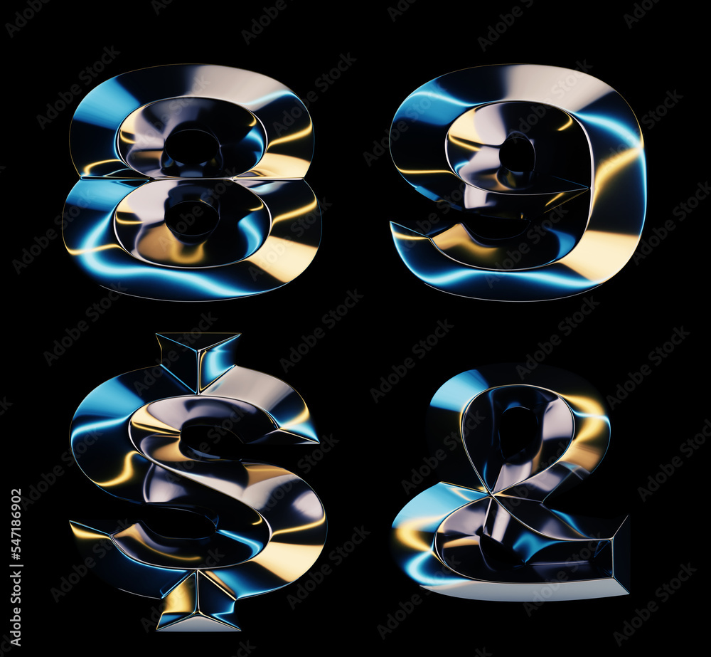 Fototapete 3d rendering of glossy chrome letters with shining lights effect