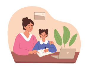 Parent and child sitting at desk with tablet PC, studying online together. Mother and kid watching, reading and learning smth. at home. Flat vector illustration of mom and daughter isolated on white