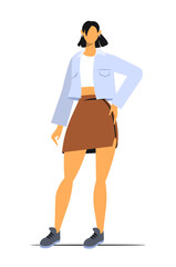 Fototapeta premium Beautiful young Asian in modern youth clothes woman stands in full height isolated on white background. Vector illustration