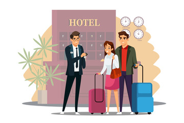 Hotel scene with couple checking in. Man and woman at reception counter with luggage, receptionist giving key from room. Happy holiday vacation vector illustration. People staying at modern hotel