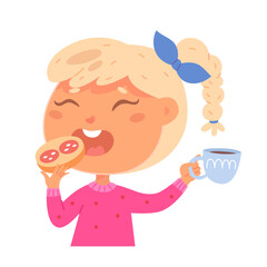 Girl eating sandwich, hungry happy kid holding bread with sausage slices, cup of coffee