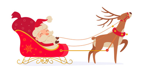 Happy Santa Claus character riding red sleigh with reindeer, delivering bag with gifts