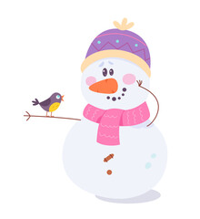 Happy snowman holding cute bird, funny snowy character in wool pink scarf and hat