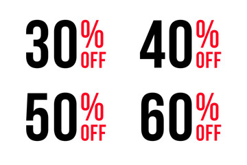 Sale discount typography. Special offer price discount in black and red colors. 30, 40, 50 and 60 percent off discount symbols with transparent background.