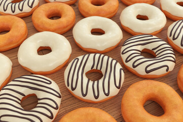 Collection of donuts without glaze, with white and chocolate glaze on a wooden table, 3d render